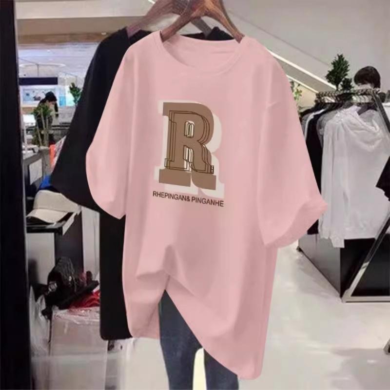 

Футболка средней длины зеленого цвета для женщин на лето, новая большая версия, свободная, утягивающая, прикрывающая мясо, футболка с короткими рукавами, топ XXXL розовый