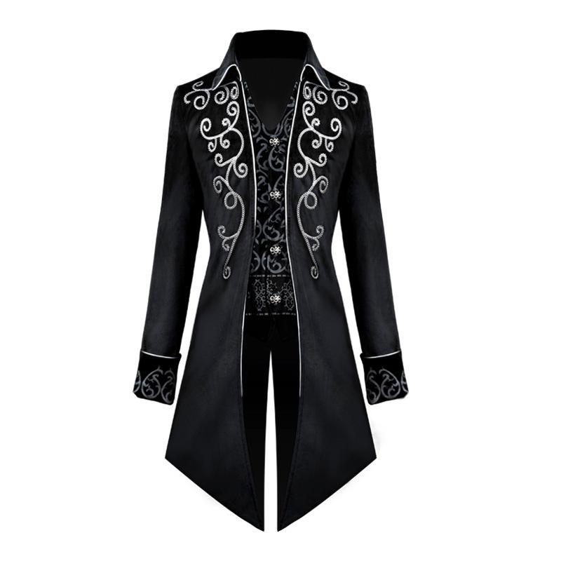 Men's Silver-Edged Medieval Tailcoat Costume, Retro Mid-Length Style
