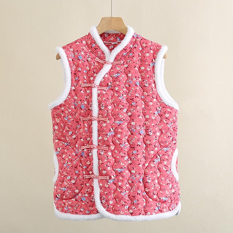 Damska pikowana kamizelka bawełniana z kwiatowym wzorem i guzikami w kształcie żabki - Ciepła bezrękawnikowa odzież wierzchnia na jesień/zimę