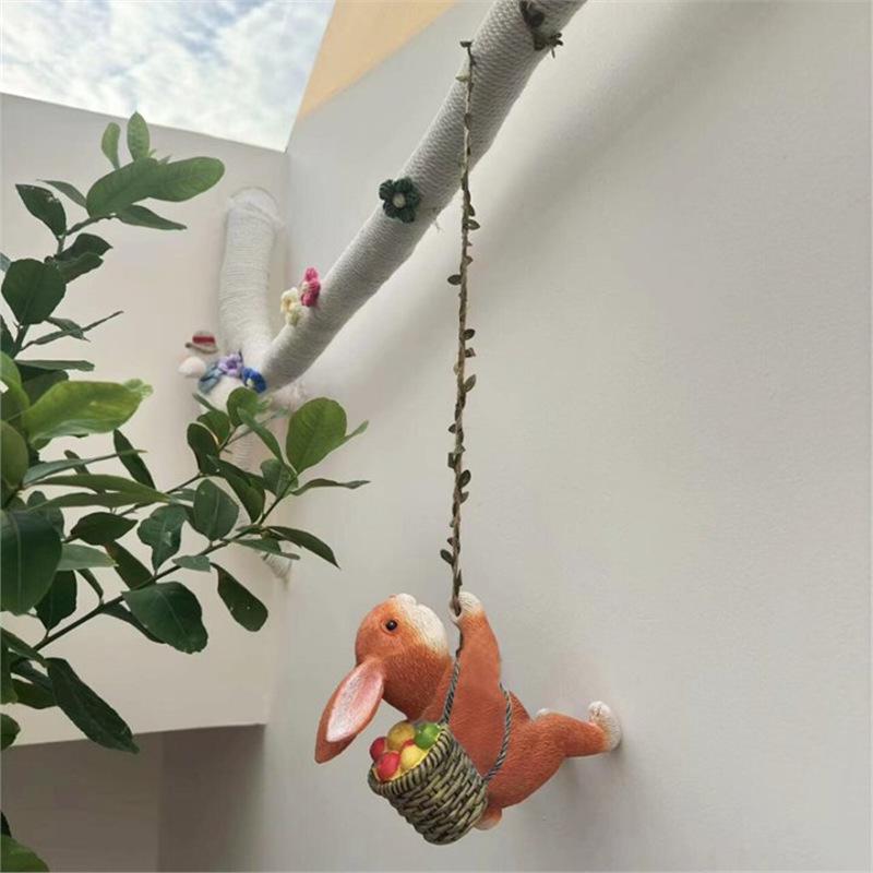 Little Rabbit Climbing Vine Hanging Ornament - Small Animal Figurine for Home, Courtyard, or Tree Pot Decor