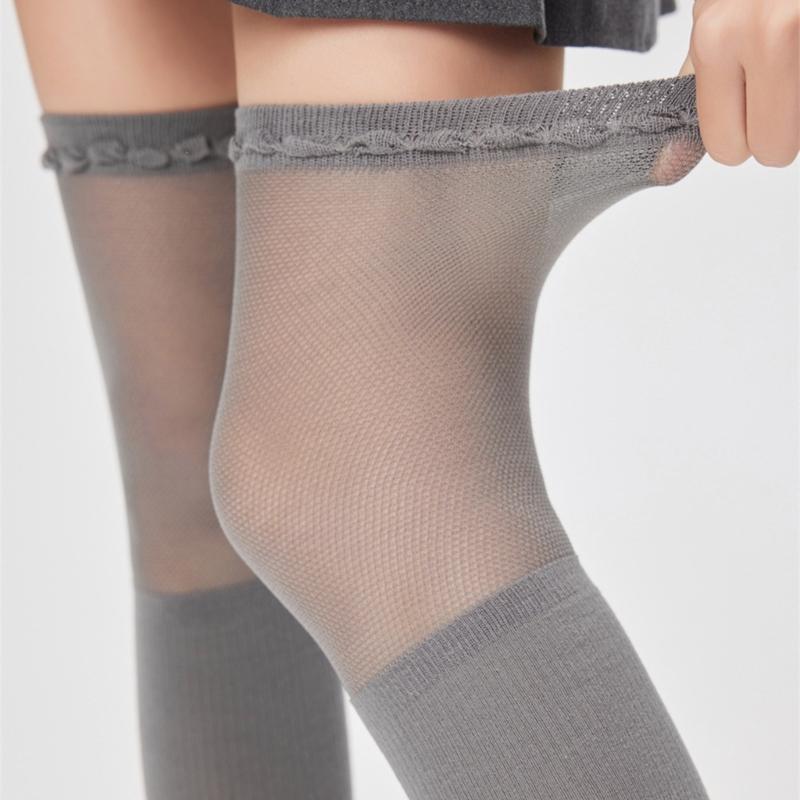 Solid Color Stretch Ruffle Trim Over Knee Long Socks for Women Japanese Student Sheer Mesh Splicing Thigh High Stockings