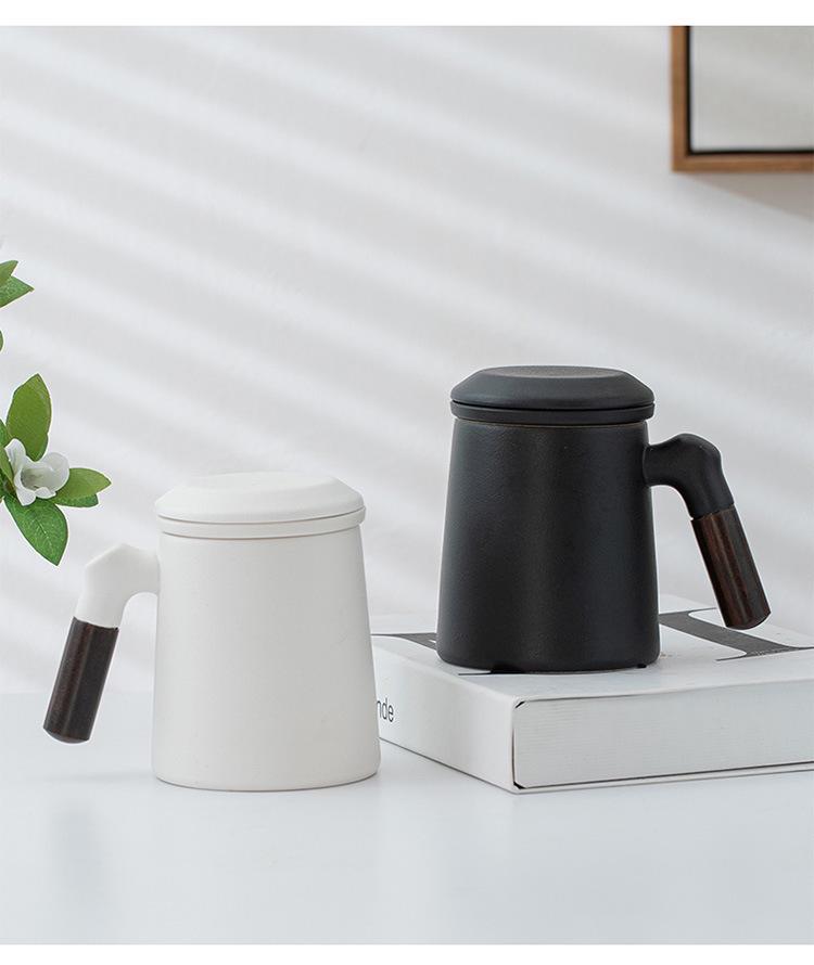 Ceramic Tea Brewing Mug with Wooden Handle, Lid, and Filter - Large Capacity Office Souvenir Cup