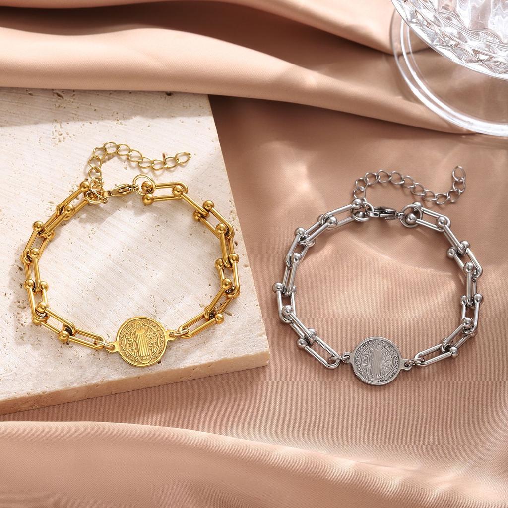 Trendy Gift Saint Benedict Cross Religious Electroplated Stainless Steel U-shaped Horseshoe Buckle Adjustable Bracelet