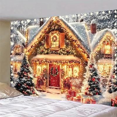 Ziemassvētku dienas ballīšu noformējums fona audums ziemas kotedžas Ziemassvētku eglītes gobelēns, kas piemērots istabas mājas dekorēšanai