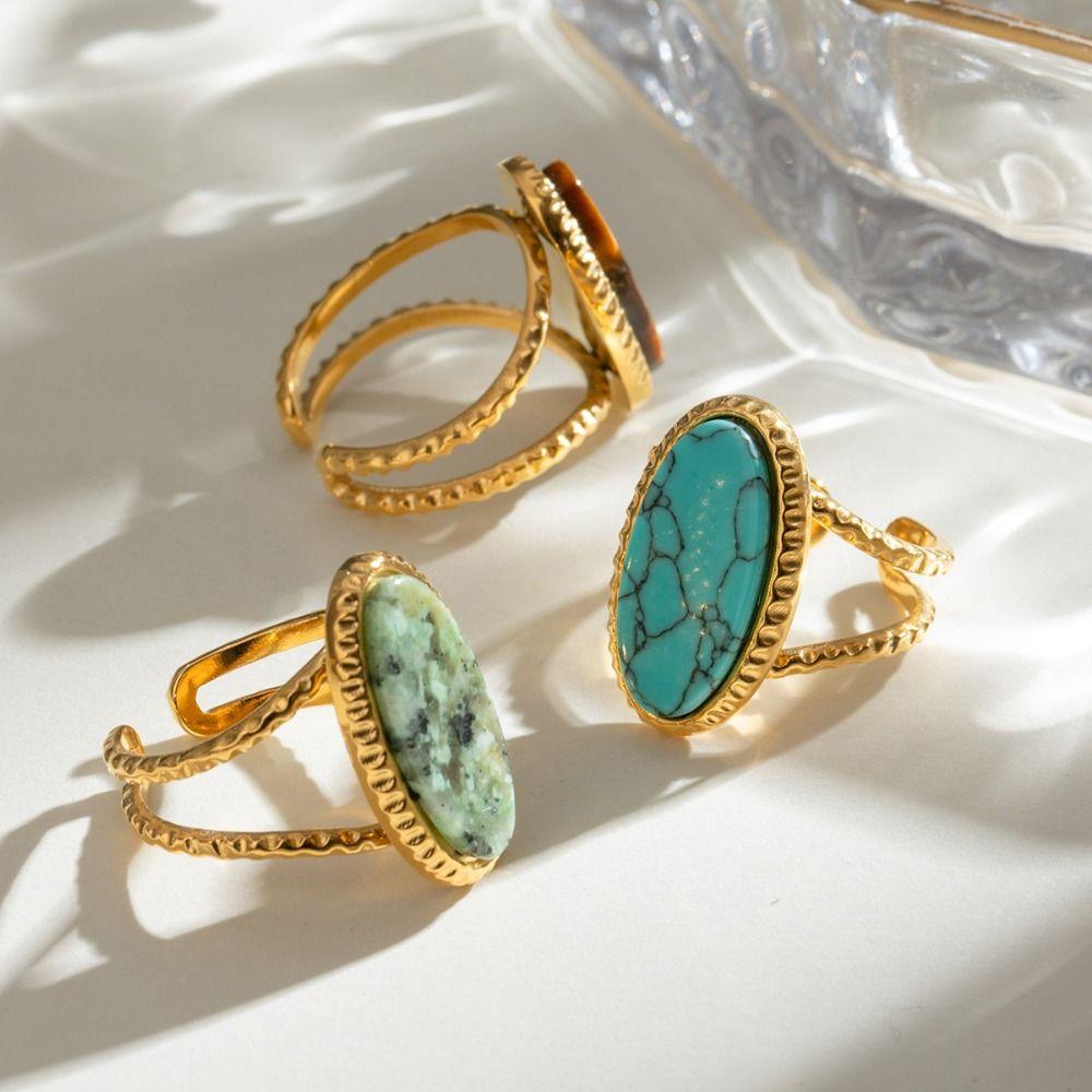 Korean Style Turquoise Metal Ring Geometric Wide Finger Buckle Retro Geometric Open Ring  Women