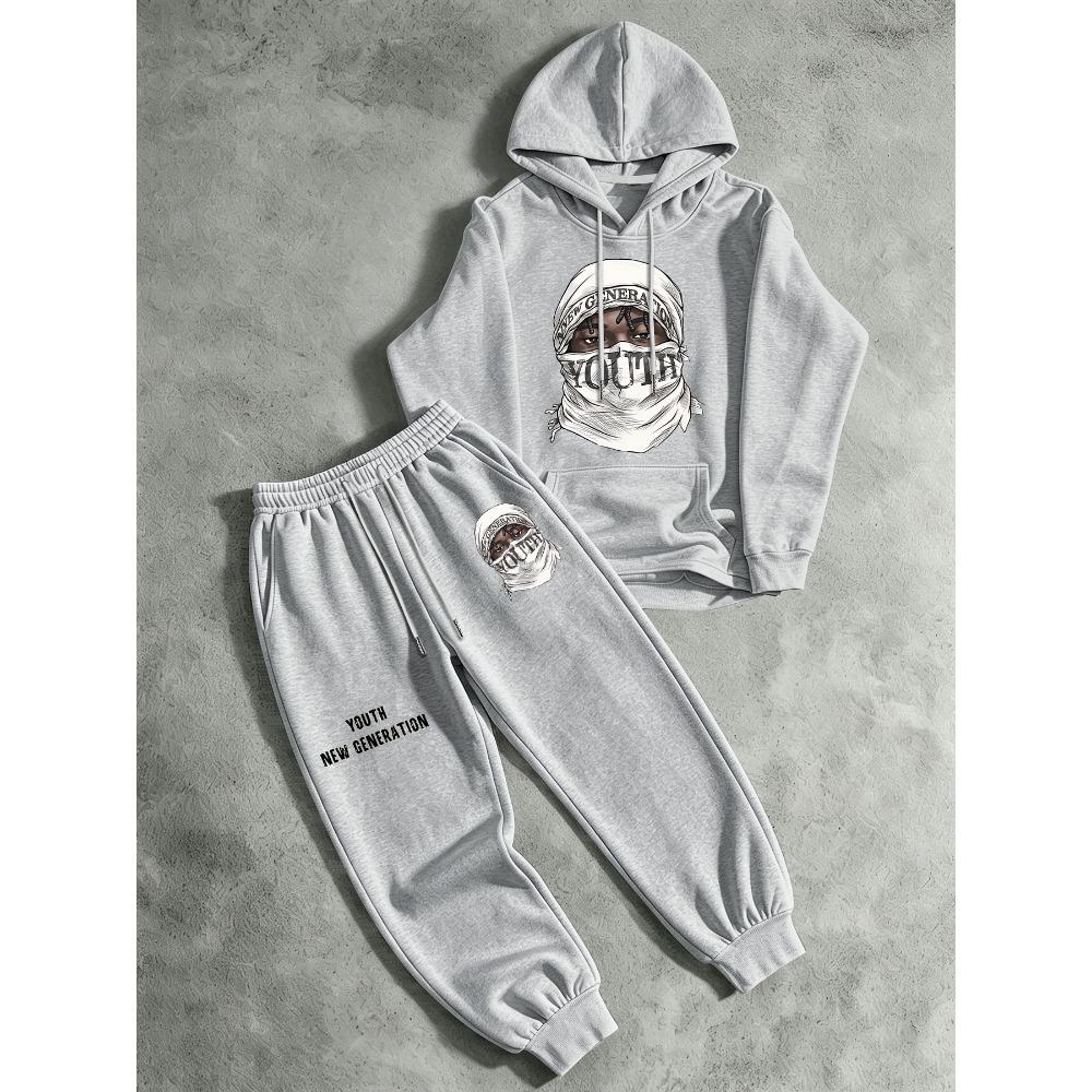 Men's Printed Hooded Sweatshirt and Pants Two Piece Set High Street Drawstring Sports Suit Soft and Skin Friendly Trendy Street Style