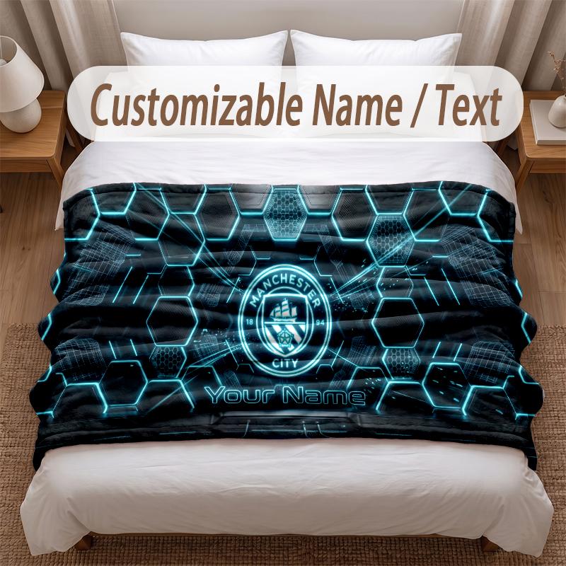 Manchester City Printed Flannel Blanket Custom Name Text Soft Warm Throw For Bedroom Holiday Gift