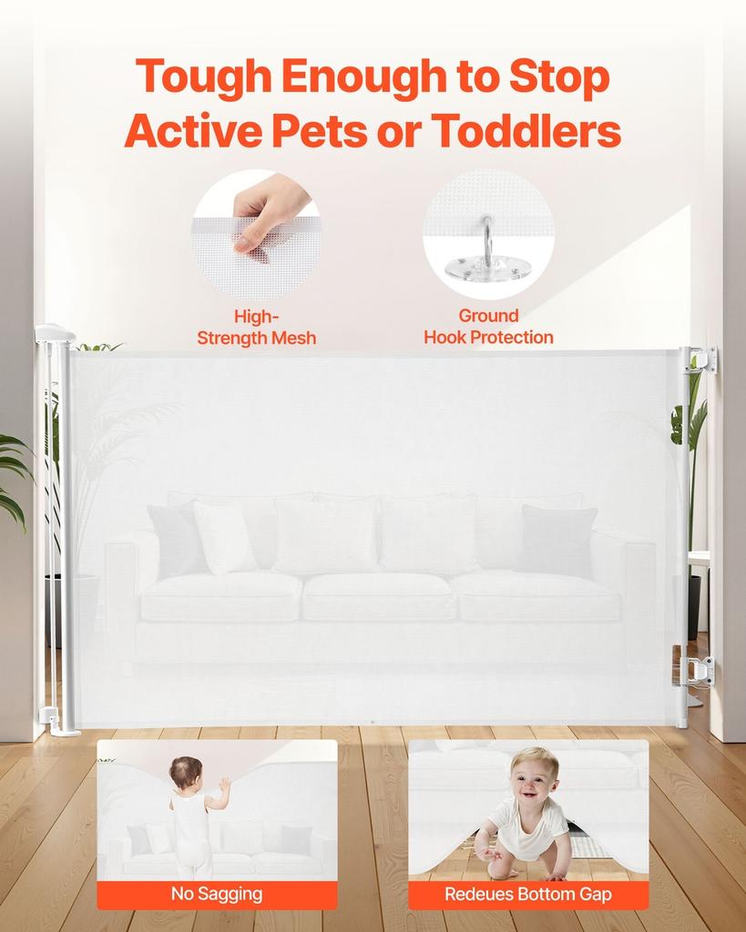Retractable Baby Gate, Extends To 1450 Mm Wide, 980 Mm Tall, with Security Lock, Easy To Use, Walk Through Without Tripping, Mesh Dog Gate for Stairs,