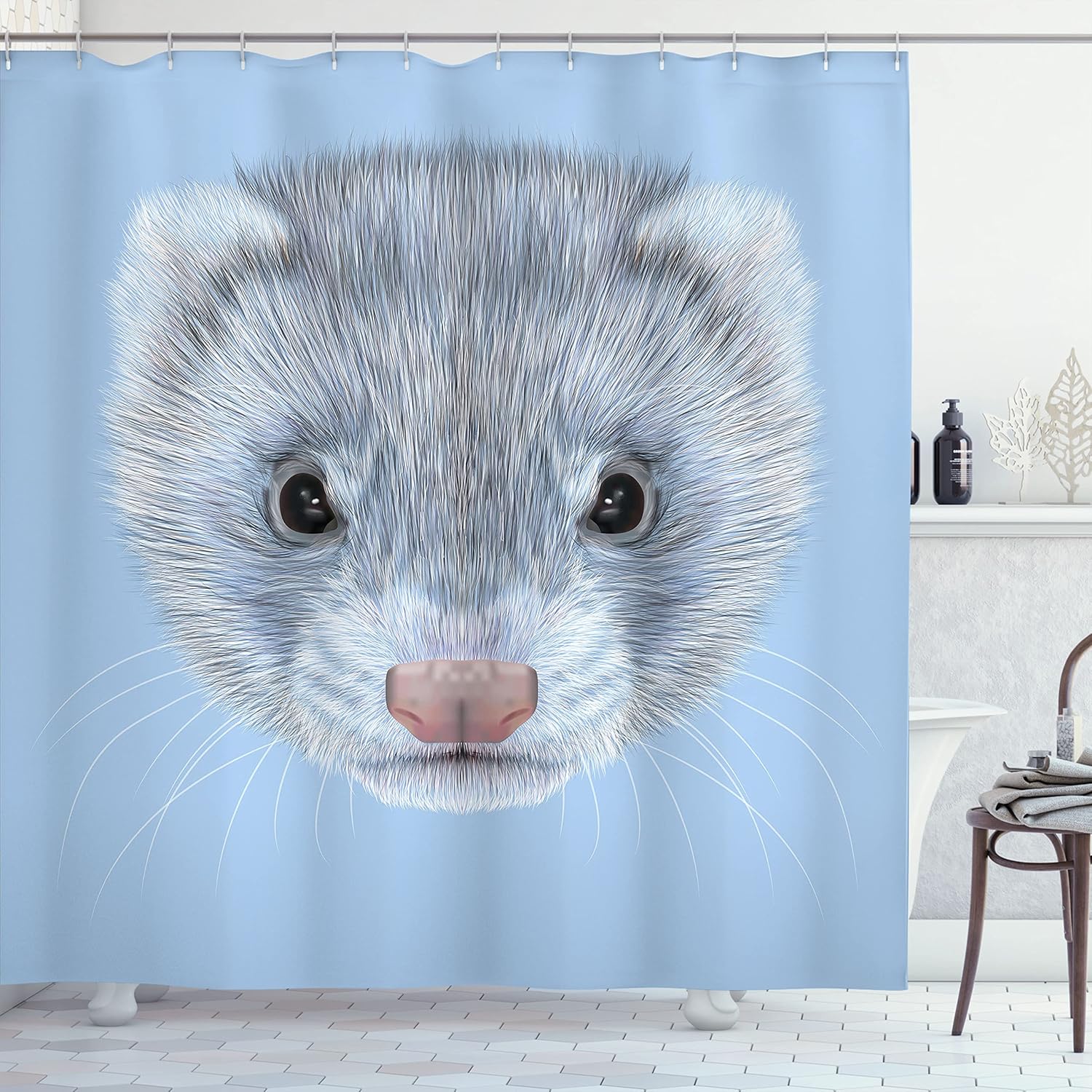 

Cute Ferret Face Shower Curtain Animal Print Blue Background Pet Lover Decor Funny Bathroom Art Wildlife Theme Bath Linen W60H190(CM)-1 Pcs
