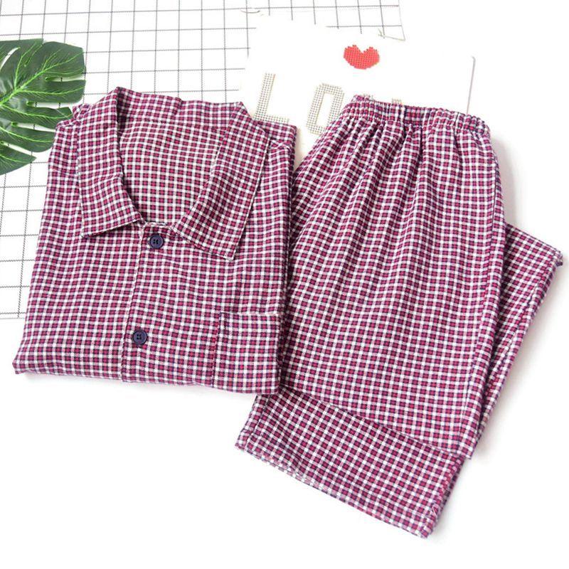 

Export Men Gingham Pure Cotton Cardigan Long Sleeves Pants Spring & Fall All Cotton Loose Plaid Pajamas Home Wear Suit RED CHECK L