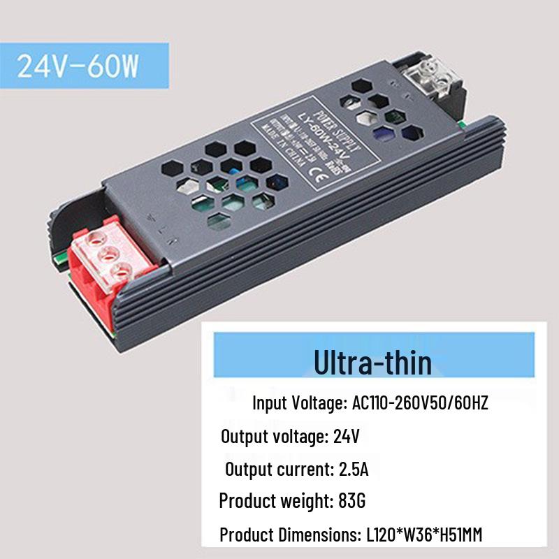 Ultra-Thin Silent LED Linear Light Transformer, 220V to 24V, Black King Kong