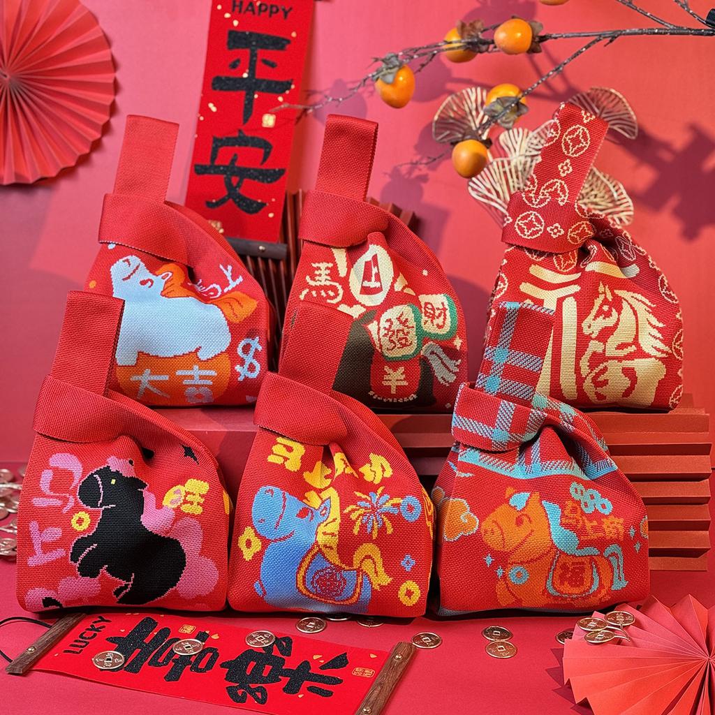 2026 Horse Year Cartoon Mascot Pony Knitted Gift Bag Handheld Candy Bag Mini Knot Wrist Bag Cute Tote Bag Reusable Shopping Bags