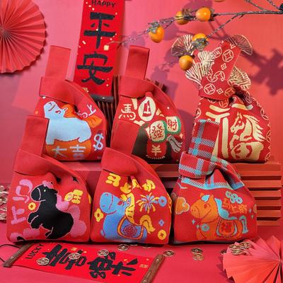 2026 Horse Year Cartoon Mascot Pony Knitted Gift Bag Handheld Candy Bag Mini Knot Wrist Bag Cute Tote Bag Reusable Shopping Bags