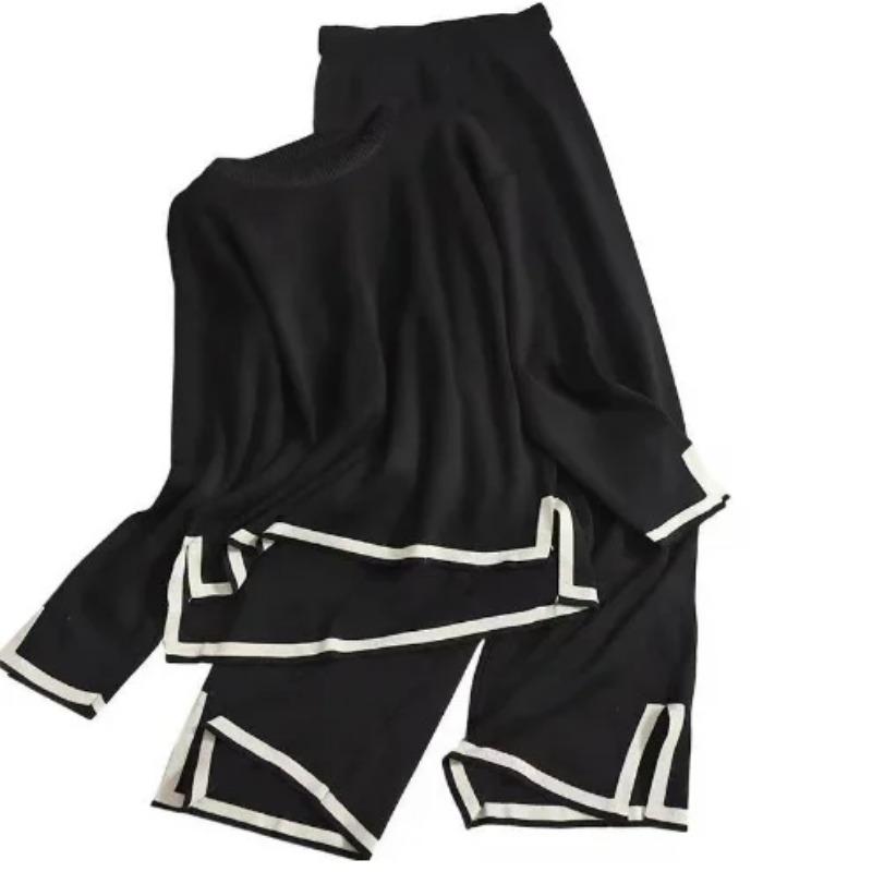 Elegante Completo Maglione Pullover Manica Lunga Spacco Laterale Pantaloni a Gamba Larga Set 2 Pezzi Donna Autunno Colore Unito Felpa Casual