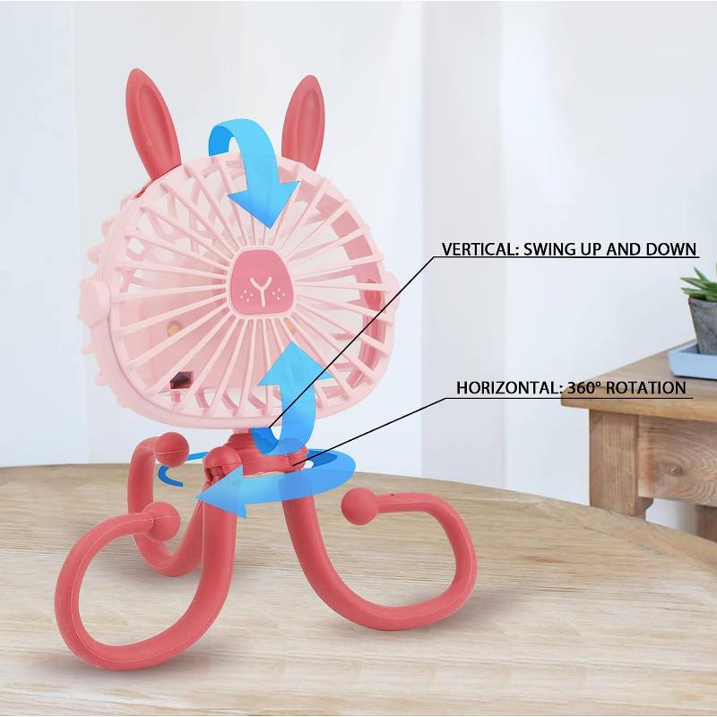 Baby Stroller Cooling Fan Portable Handheld Fan 360° Rotate Flexible Tripod Rechargeable for Bed Car Seat Travel Easter Bunny