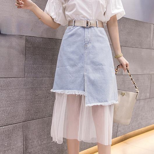 New Splicing Colored Mesh Denim Skirts Ragged Edge Irregular Denim Women's Skirts Mid Length Asymmetric Wrapped Hip Skirt
