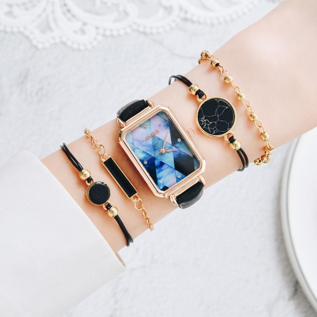 (Armband inklusive) Damenuhr mit quadratischem Zifferblatt und Lederarmband