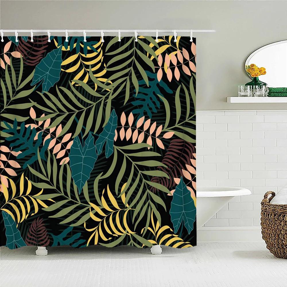 Tropical Plant Leaves Bath Curtain Waterproof Fabric Shower Curtains Colorful Palm Leaf Print Bathtub Screen for Bathroom Decor