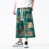 2022 Men's Summer Chinese Print Cotton Linen Capri Pants, Plus Size, Casual Wide Leg Style