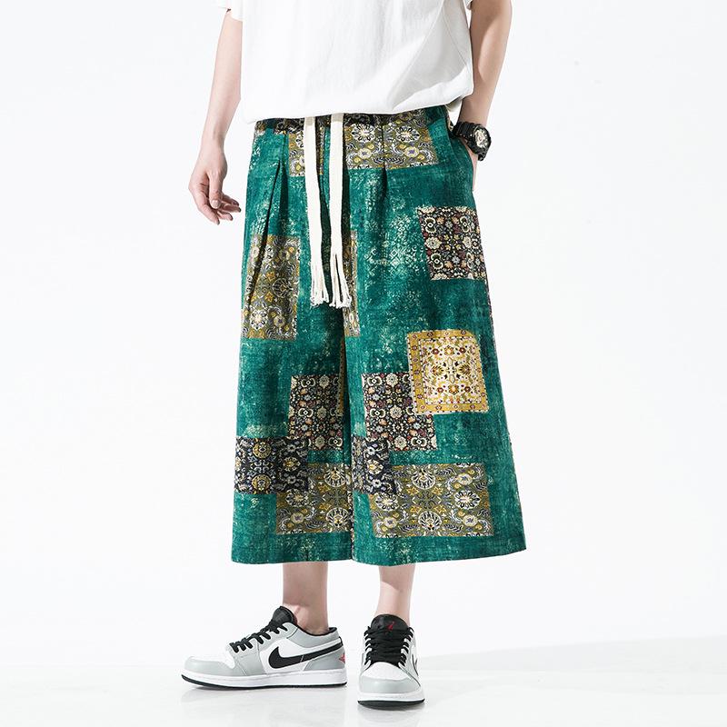 2022 Men's Summer Chinese Print Cotton Linen Capri Pants, Plus Size, Casual Wide Leg Style