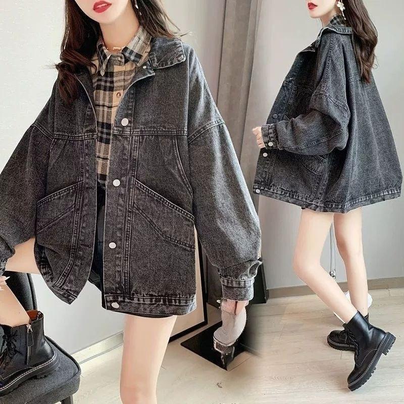 Smoky gray denim jacket women's loose plus size women's jacket denim clothes top Long Sleeve Button Women Outerwear