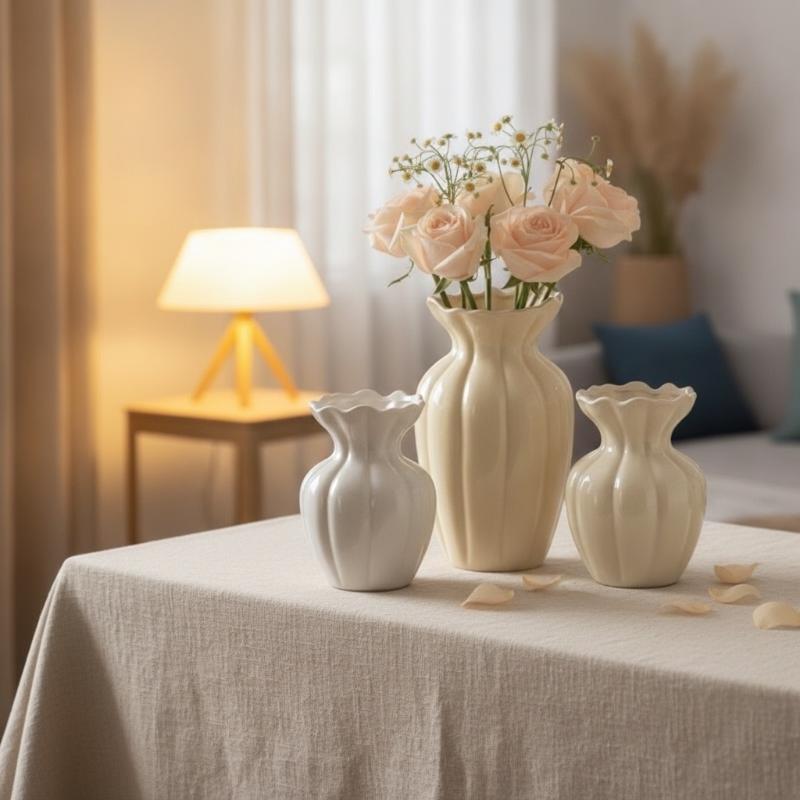 Cream Ceramic Vase Ruffled Edge Fluted Design Home Table Decor Vase For Fresh Flower Arrangement