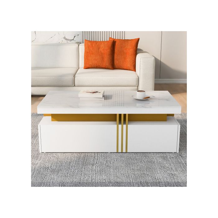 Table Basse Moderne Rectangulaire, Brillante, Avec 2 Tiroirs En Bois, Plateau En Marbre, 100*50*40 Cm