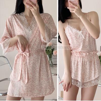 Ladies Pajama Set Summer Silk Kimono Robe Print Leopard Print 3 Piece Sleeping Set Camisole Shorts Lace Pajamas