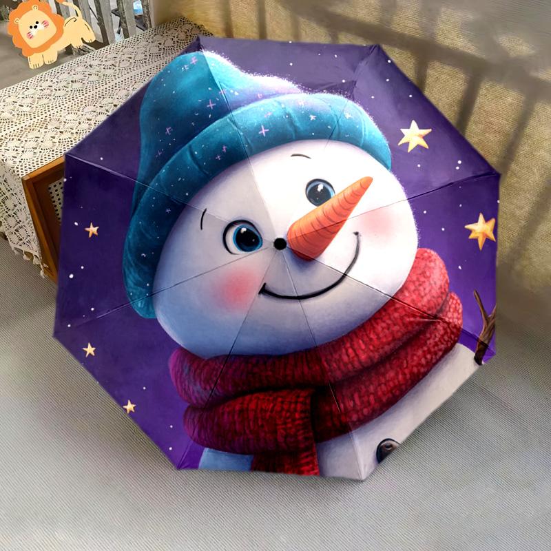 1 Stück Automatischer Faltregenschirm - Schneemann Winter Nacht Muster, Tragbares & Faltbares Design mit 8 Speichen, Weihnachts-Geburtstagsgeschenke