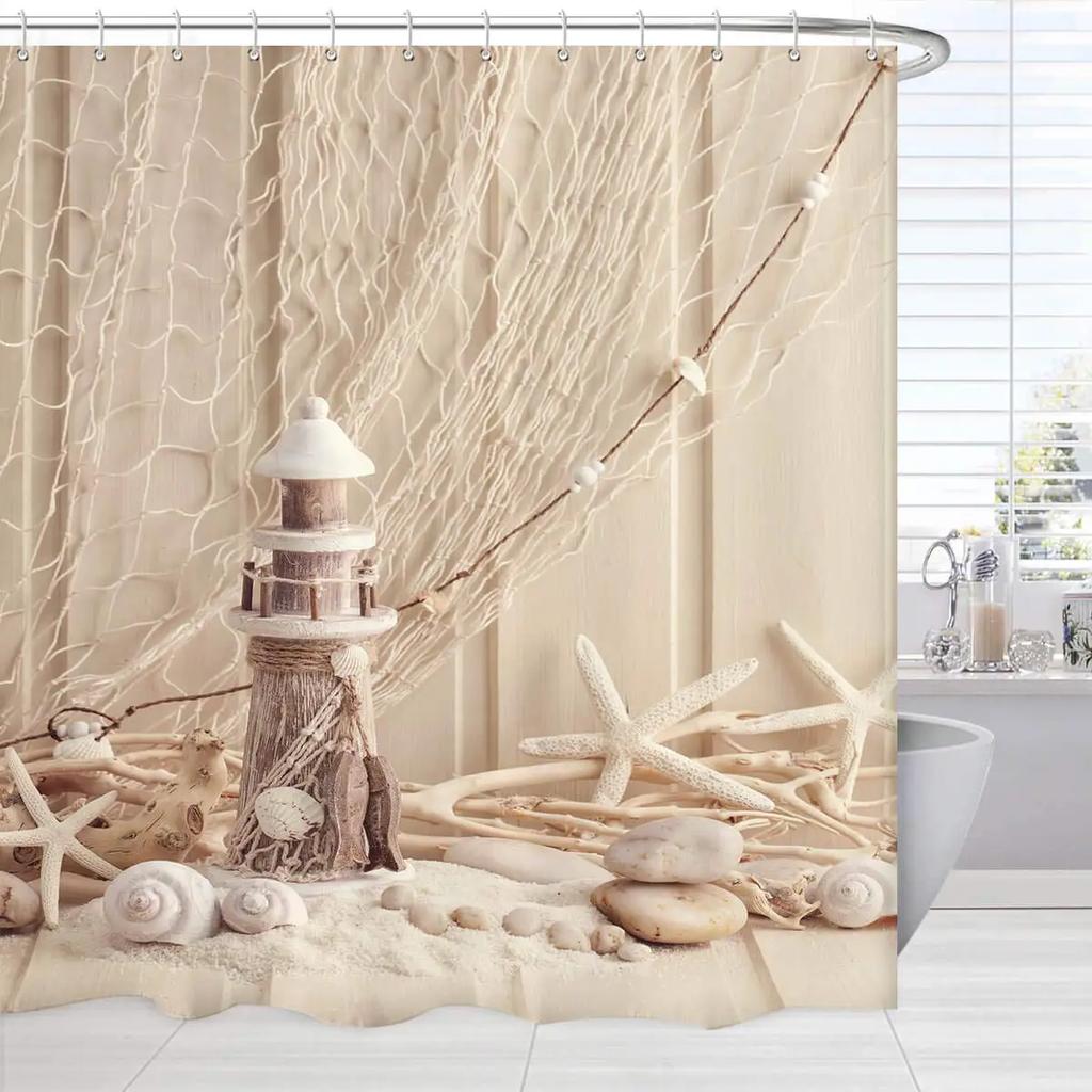 Starfish Beach Shower Curtains 3D Seashell Ocean Theme Waterproof Polyester Fabric Bathroom Decor with Hooks Bathtub Curtains