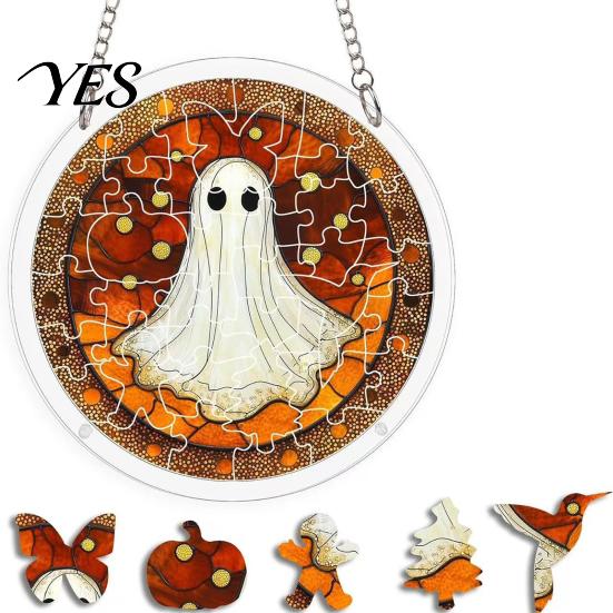 Transparent Stained Glass Halloween Acrylic Puzzle Decor, 2D Ghost Pumpkin Skeleton Hanging Sign, Faux Holiday Spooky Decorations for Party