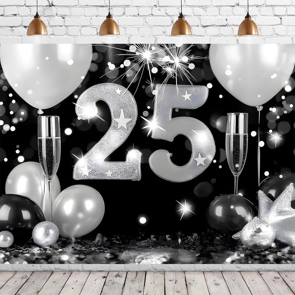 1pc Elegant Black and Silver 25th Anniversary Wedding Backdrop Banner Photography Wall -S