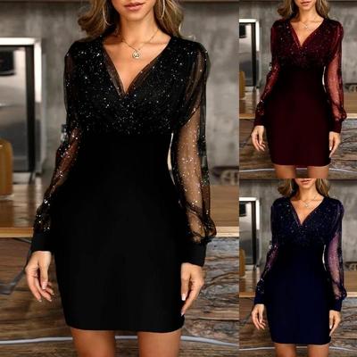 Moda Seksi Midi Günlük Elbise Kadın Siyah Retro Gazue Payetler Uzun Kollu Kadın Parti Kulüp Elbiseleri