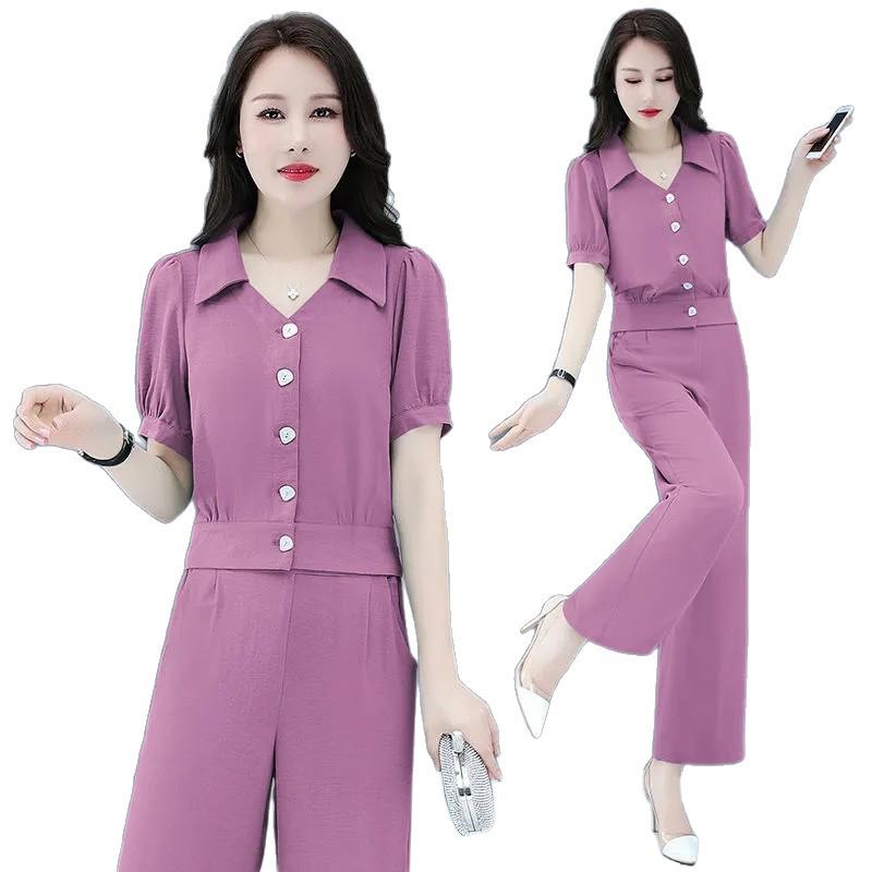 Trendy Dámský Letní Šifonový Dvoudílný Oblek 2025 - Stylová Sada Košile a Kalhot Pro Jaro, Která Omlazuje