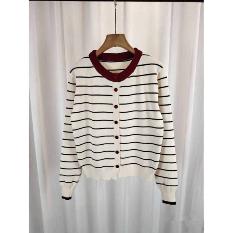 A New Autumn Fashion Round-neck and Versatile Sweater Coat for Women with Contrasting Color Stripes Long-sleeved Knitted Cardigan