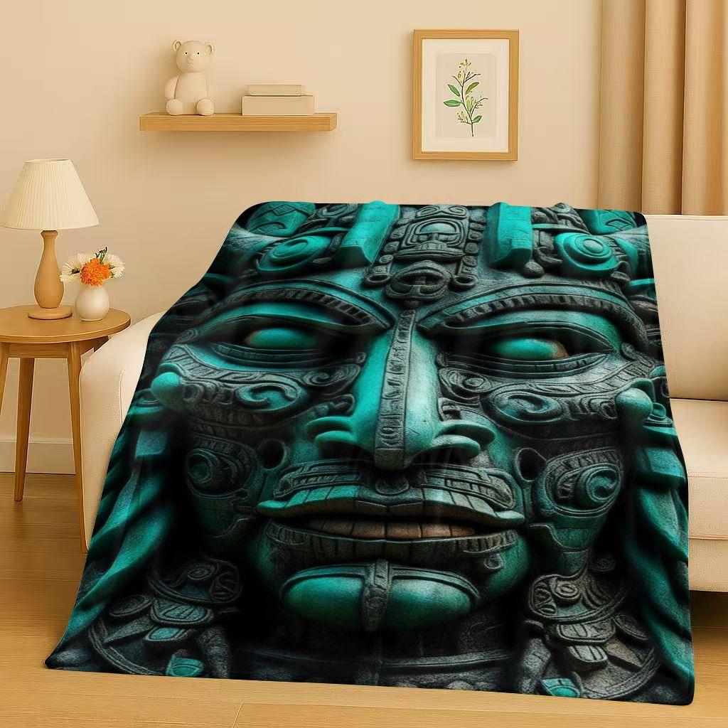 Retro Aztec Totem Maya Mask Sun God Flannel Blanket,Ultra Soft Warm Plush Throw for Home Bedroom Bed Sofa Cover Office Gift Kids