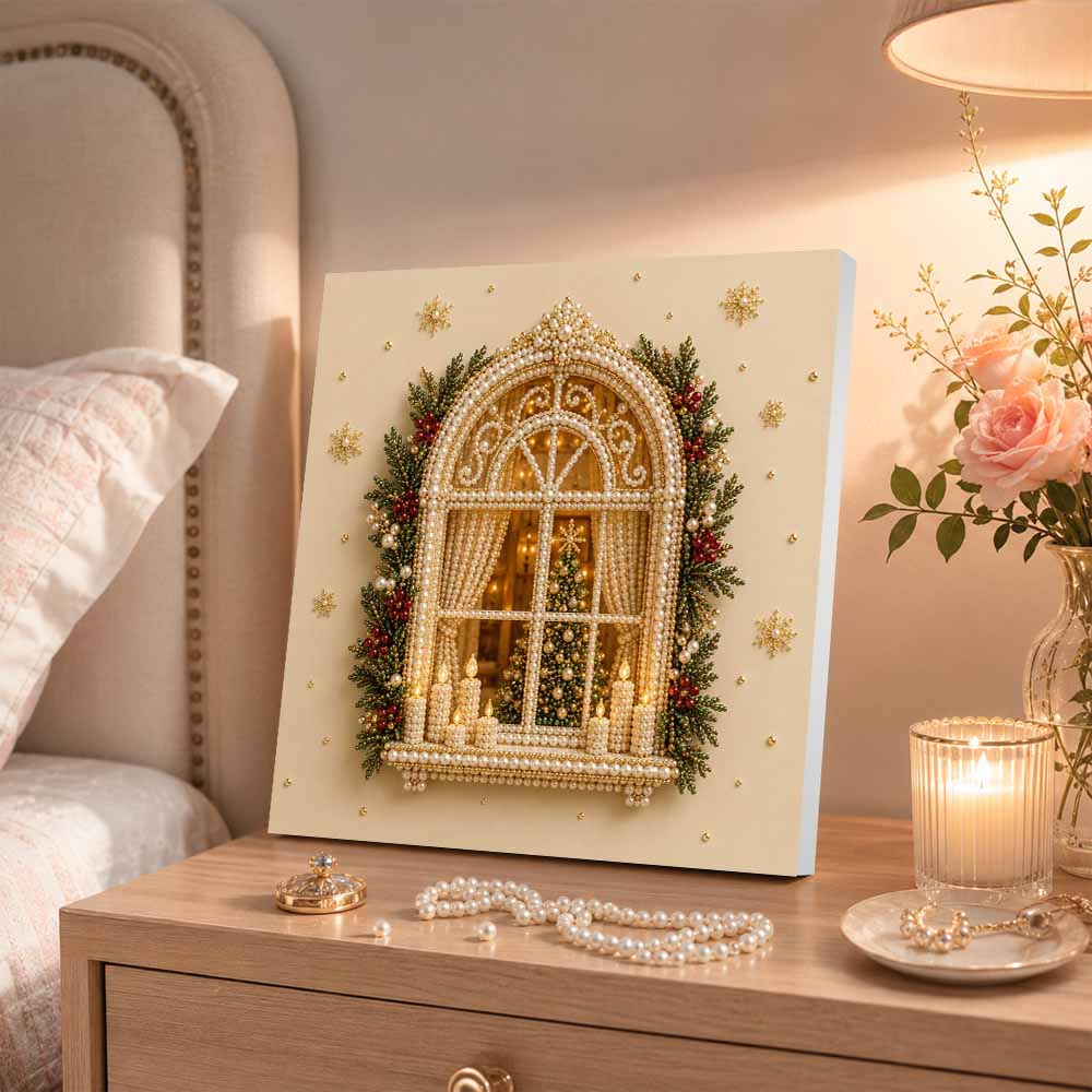 Pearl Painting Christmas Art Kit DIY Home Decor Painting. Arched Window Scene. Winter Tree. Holiday Ornament. Elegant Craft.