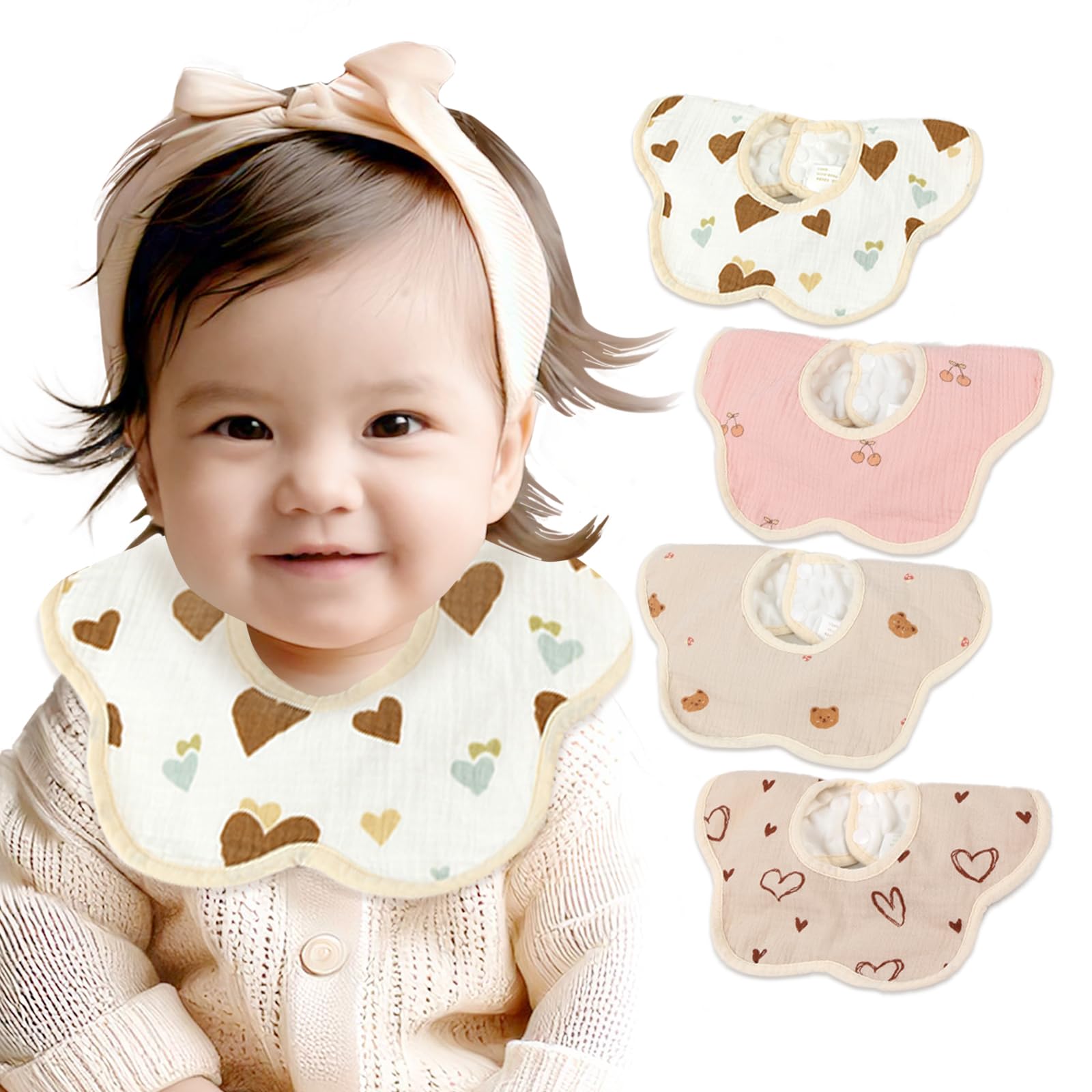 

Waterproof Bibs with Absorbent Strips for Baby Set of 4 [bebyNa] Girls 360° [Water-Resistant Stain-Free Care] Bibs, (Patterned Colors)