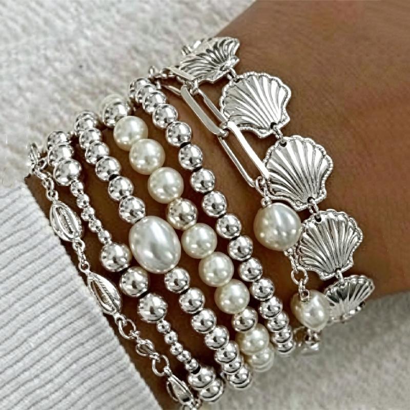 7 Pcs Boho Shell Pearl Beaded Bracelet Set For Women Fashion Stackable Charm Bracelet Beach Jewelry For Party Daily Wear Gifts