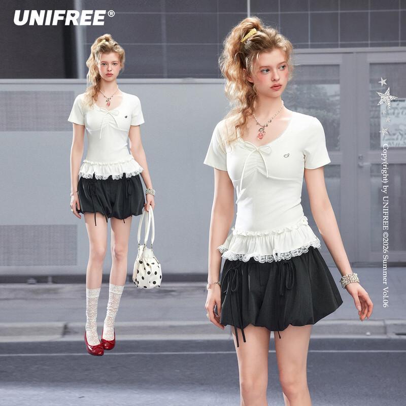 UNIFREE Sweet Lace Trim V-Neck T-Shirt One Size