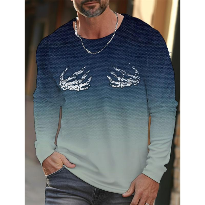 Skull Hand Printed Pullover Autumn and Winter Men's Casual Long Sleeve Round Neck Sweatshirt Gradient Color Men's Clothing