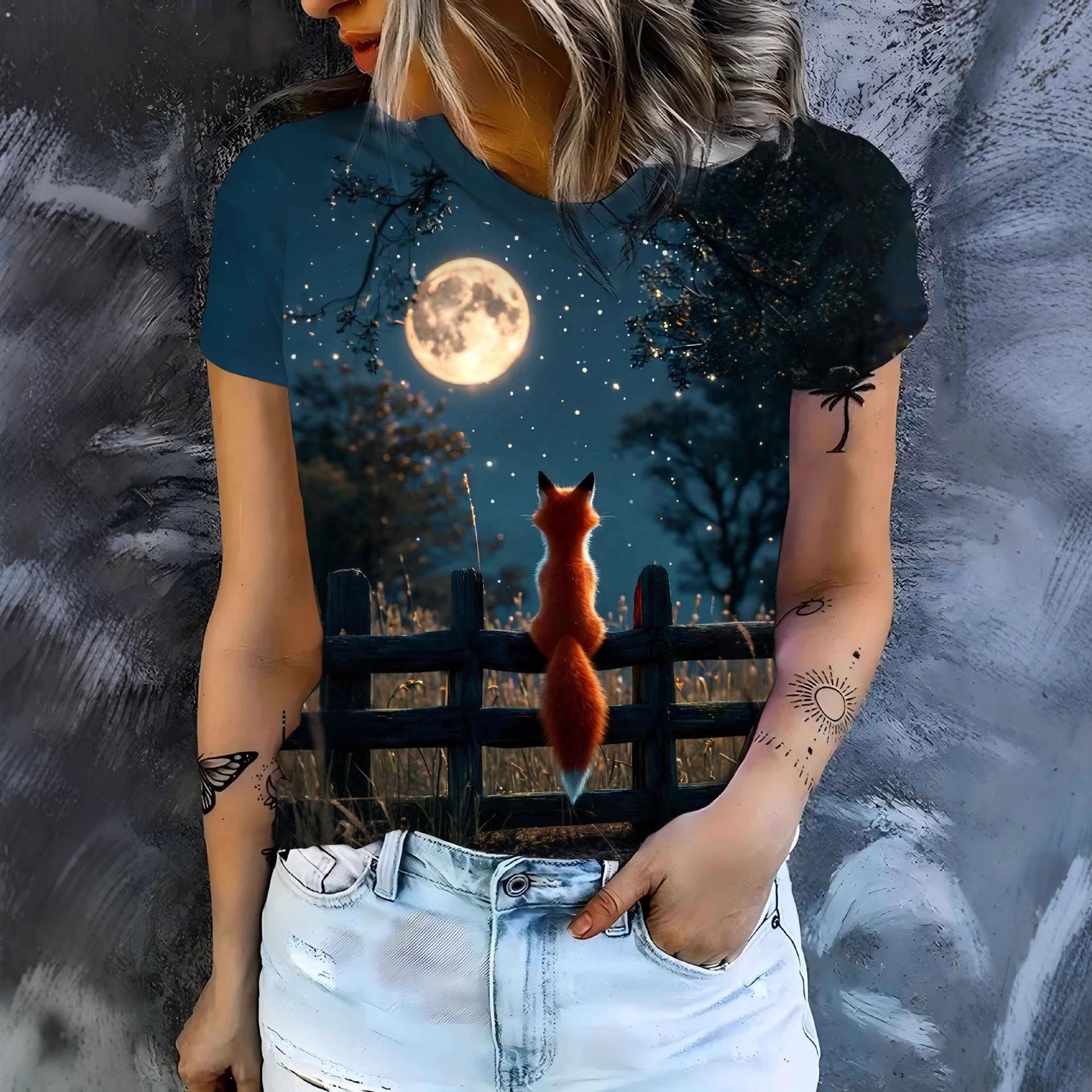 Fashion Printed Crew Neck Casual Loose Top Versatile T-Shirts Women’s XS