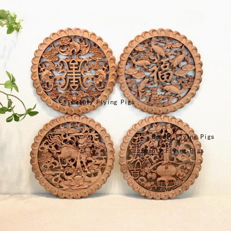 1pc Chinese Woodcarving Ornaments Solid Wood Carving Crafts Living Room Wall Decoration Home Accessories Wall Decorations