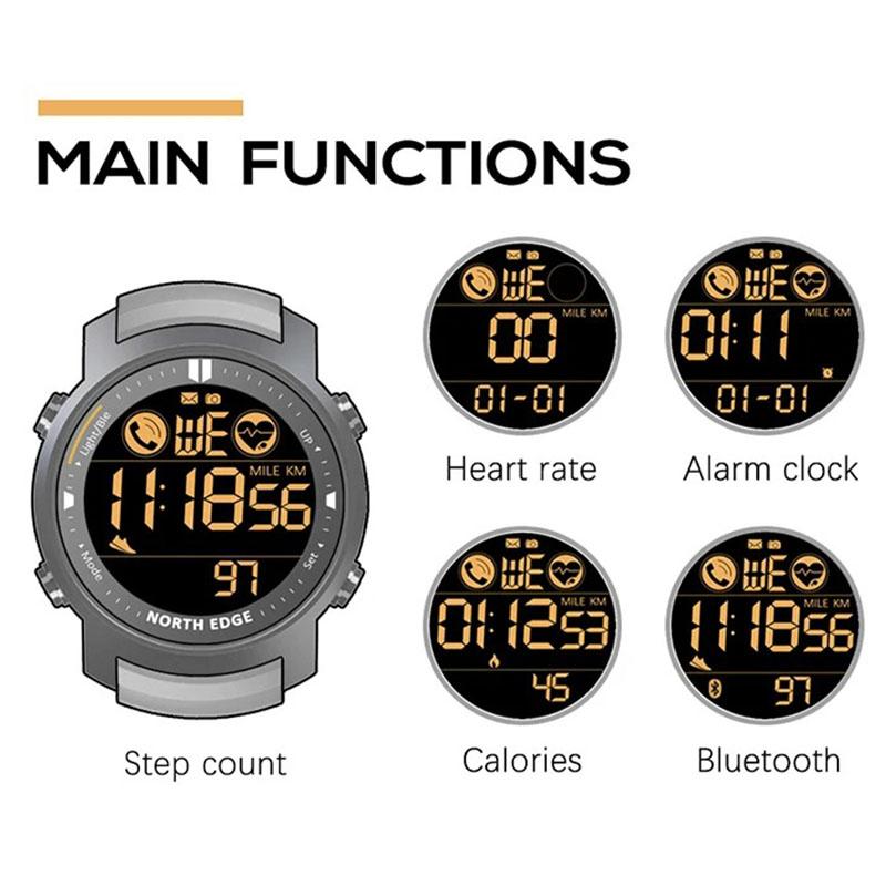NORTH EDGE Men's Digital Watch Military Waterproof 50M Running Sports Pedometer Stopwatch Watch Heart Rate Wristband Android IOS