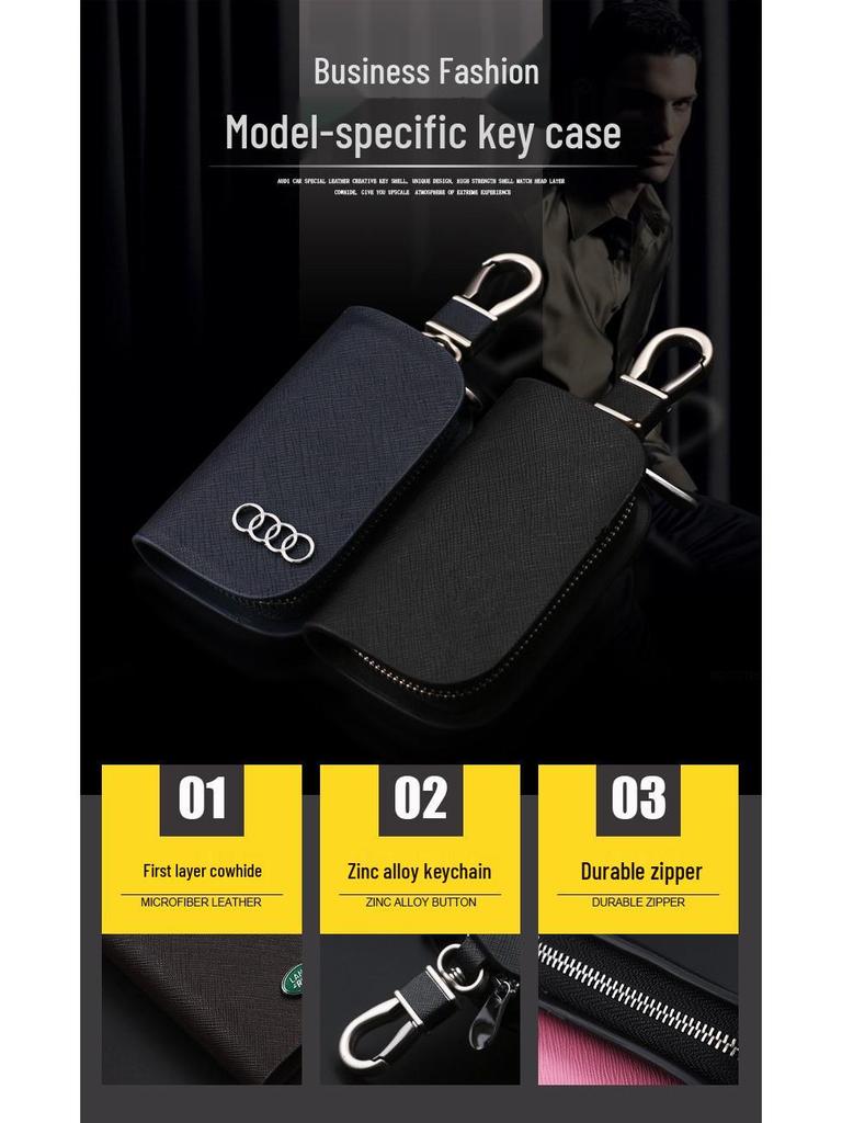 Men's Universal Cowhide Car Key Case with Waist-Mounted Zipper