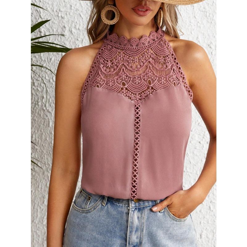 Плюс размер женский летний жилет модный полый кружевной топ без рукавов S розовый