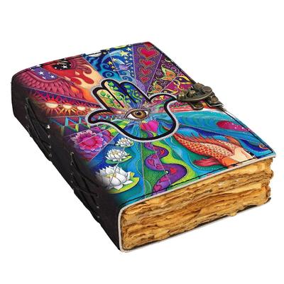 Leather Hamsa Hand Printed Diary Vintage Old Pages Diary for Office & Personal Use (7 X 5 Inch)