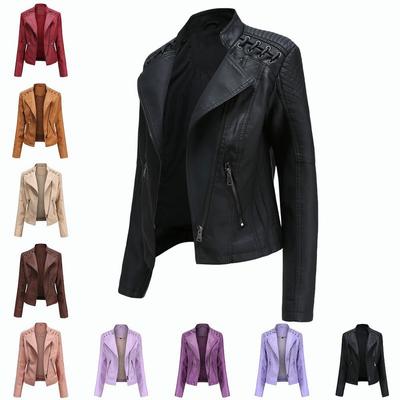 Women Faux Leather Zip Up Bomber Jacket Biker Coat Casual Flight Tops Outwear