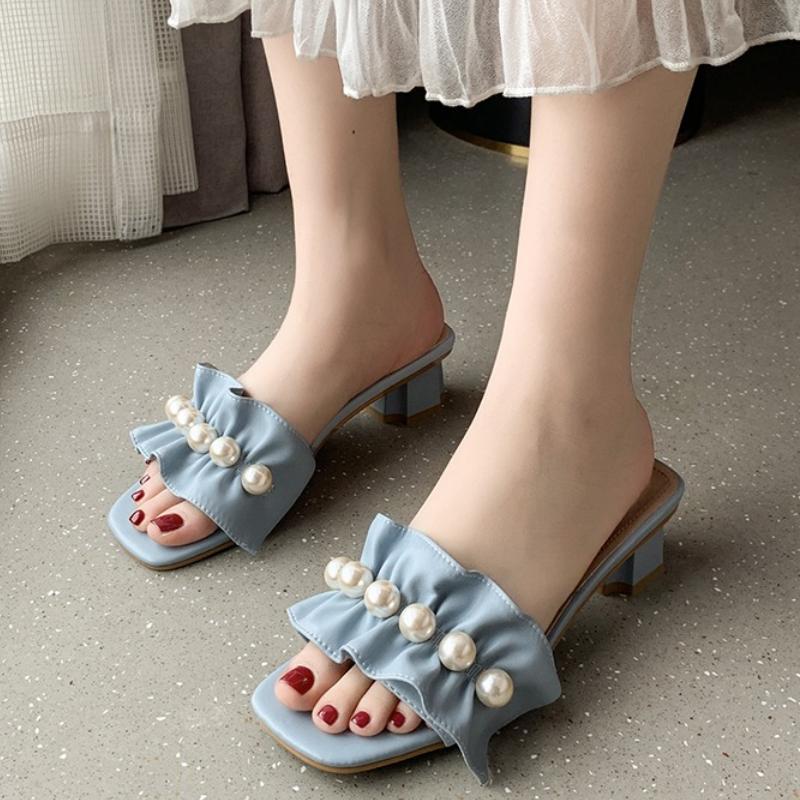 Women Slides Faux Pearl Decor Ruffle Trim Sandals Open Toe Wear-resistant Slippers Summer Sandy Beach Sandals Women Shoes