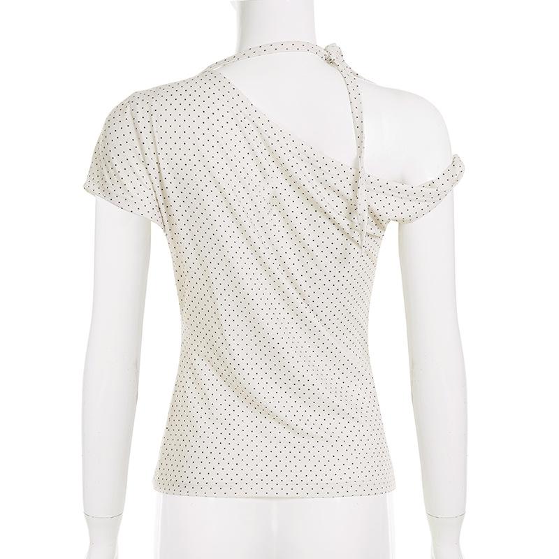 2026 New Women Sweet Polka Dot Halter Top Backless Knot Slim Fit Short Sleeve Tee INS Streetwear Fashion Casual Tops
